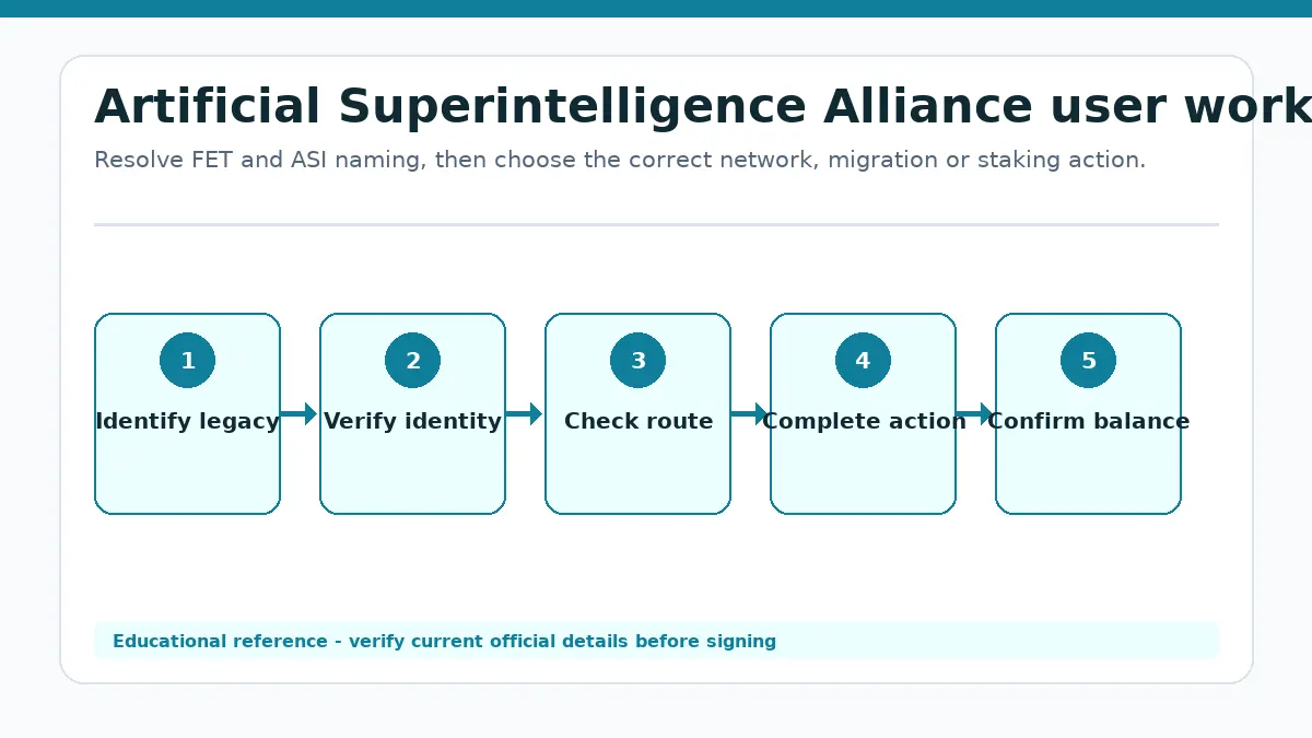 Artificial Superintelligence Alliance workflow showing Identify legacy asset, Verify current identity, Check route, Complete action, Confirm balance