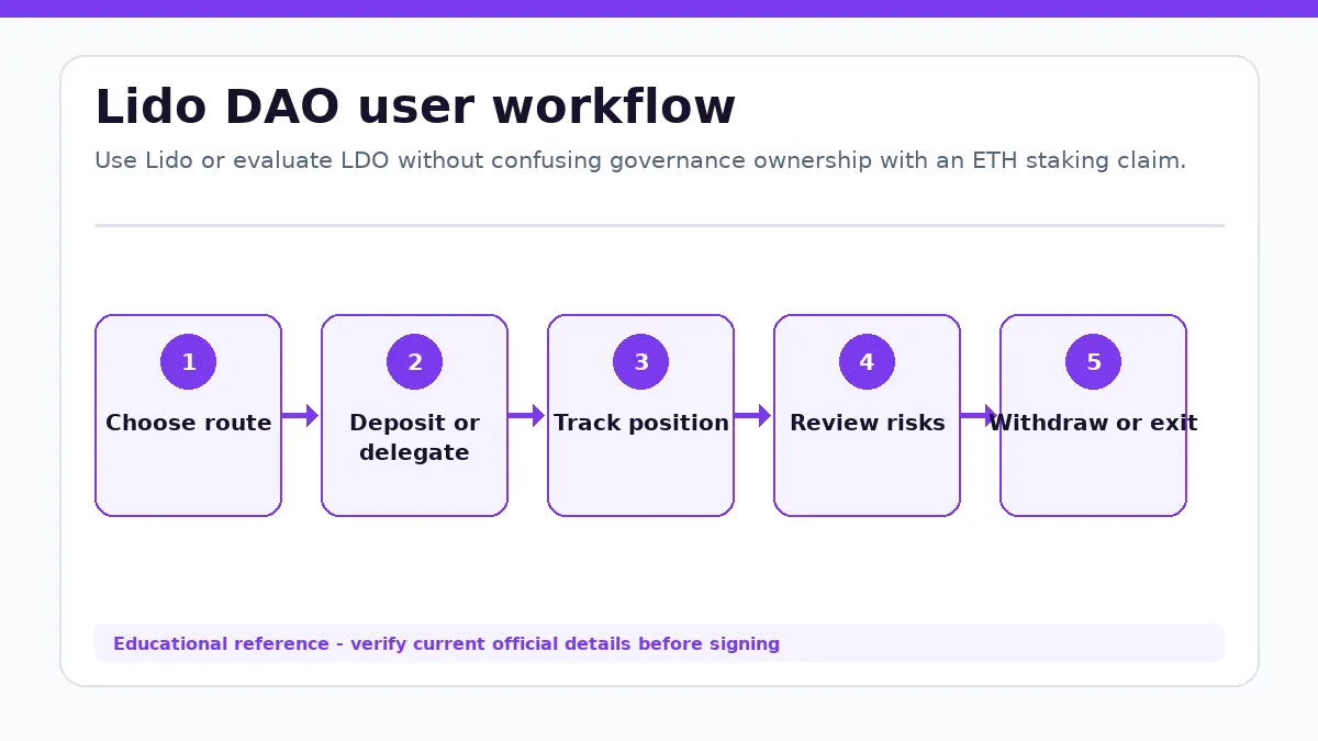 Lido DAO workflow showing Choose route, Deposit or delegate, Track position, Review risks, Withdraw or exit