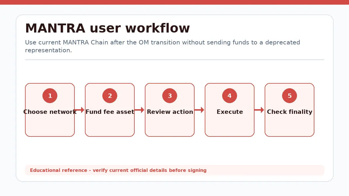 MANTRA workflow showing Choose network, Fund fee asset, Review action, Execute, Check finality