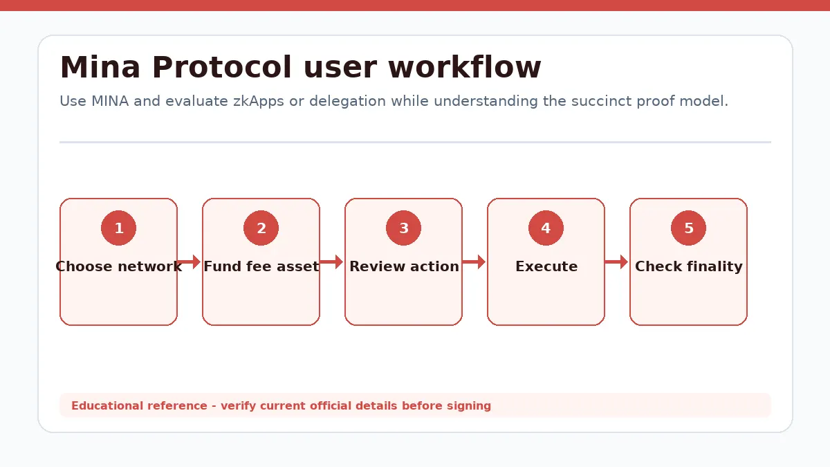 Mina Protocol workflow showing Choose network, Fund fee asset, Review action, Execute, Check finality