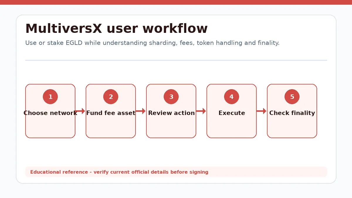MultiversX workflow showing Choose network, Fund fee asset, Review action, Execute, Check finality