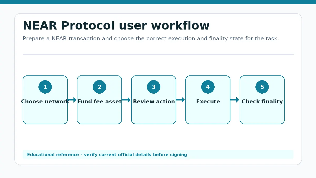 NEAR Protocol workflow showing Choose network, Fund fee asset, Review action, Execute, Check finality