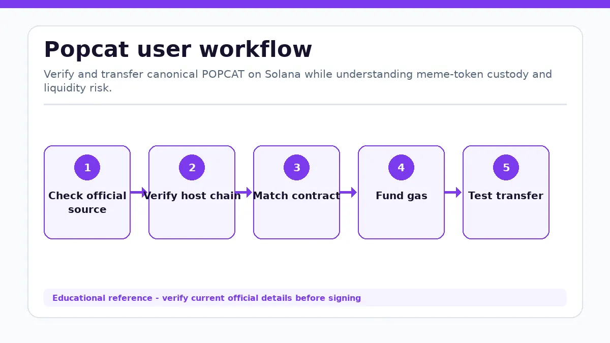 Popcat workflow showing Check official source, Verify host chain, Match contract or mint, Fund gas, Test transfer