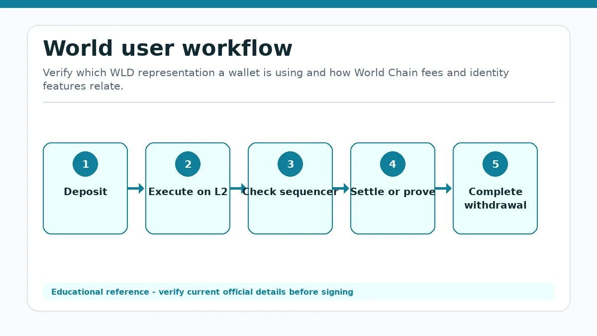 World workflow showing Deposit, Execute on L2, Check sequencer state, Settle or prove, Complete withdrawal